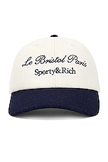Sporty & Rich X Le Bristol Paris Faubourg Wool Hat in White Navy, view 1, click to view large image.
