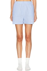 Sporty & Rich Hotel Du Cap Cursive Poplin Short in Blue & White Thin Stripe, view 1, click to view large image.