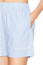 Sporty & Rich Hotel Du Cap Cursive Poplin Short in Blue & White Thin Stripe, view 6, click to view large image.
