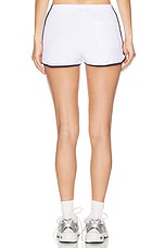 Sporty & Rich Hotel Du Cap Cursive Terry Short in White & Navy, view 4, click to view large image.
