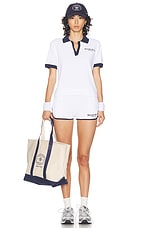Sporty & Rich Hotel Du Cap Cursive Terry Short in White & Navy, view 5, click to view large image.