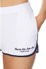 Sporty & Rich Hotel Du Cap Cursive Terry Short in White & Navy, view 6, click to view large image.
