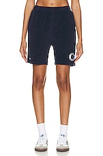 Sporty & Rich X Hotel Du Cap Eden Roc Buoy Terry Shorts in Navy & White, view 1, click to view large image.