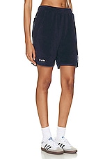 Sporty & Rich X Hotel Du Cap Eden Roc Buoy Terry Shorts in Navy & White, view 2, click to view large image.