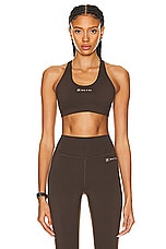 Sporty & Rich Runner Script Sports Bra in Chocolate, view 1, click to view large image.