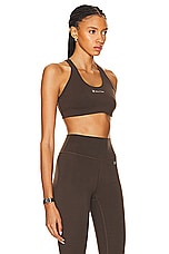 Sporty & Rich Runner Script Sports Bra in Chocolate, view 2, click to view large image.