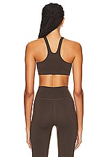 Sporty & Rich Runner Script Sports Bra in Chocolate, view 3, click to view large image.