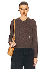 Sporty & Rich V Neck Cashmere Sweater in Brown, view 1, click to view large image.