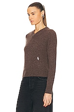 Sporty & Rich V Neck Cashmere Sweater in Brown, view 3, click to view large image.