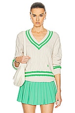 Sporty & Rich Cableknit V-Neck Sweater in Cream & Clean Mint, view 1, click to view large image.