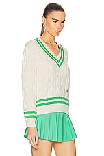Sporty & Rich Cableknit V-Neck Sweater in Cream & Clean Mint, view 2, click to view large image.