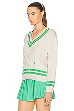 Sporty & Rich Cableknit V-Neck Sweater in Cream & Clean Mint, view 3, click to view large image.