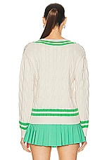 Sporty & Rich Cableknit V-Neck Sweater in Cream & Clean Mint, view 4, click to view large image.
