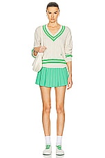 Sporty & Rich Cableknit V-Neck Sweater in Cream & Clean Mint, view 5, click to view large image.