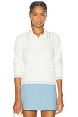 Sporty & Rich Cable Knit Polo Sweater in Off White & China Blue, view 1, click to view large image.