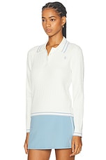 Sporty & Rich Cable Knit Polo Sweater in Off White & China Blue, view 3, click to view large image.