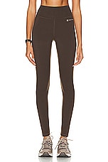 Sporty & Rich Runner Script High Waisted Legging in Chocolate, view 1, click to view large image.
