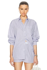 Sporty & Rich Embroidered Oversized Shirt in White & Navy Thin Stripe, view 1, click to view large image.