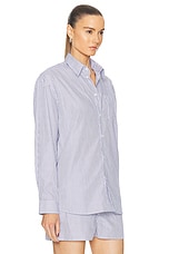 Sporty & Rich Embroidered Oversized Shirt in White & Navy Thin Stripe, view 2, click to view large image.