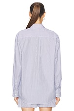 Sporty & Rich Embroidered Oversized Shirt in White & Navy Thin Stripe, view 3, click to view large image.