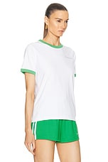 Sporty & Rich Serif Logo Ringer Tee in White & Verde, view 2, click to view large image.