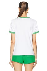Sporty & Rich Serif Logo Ringer Tee in White & Verde, view 4, click to view large image.