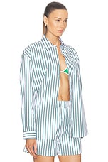 Sporty & Rich Embroidered Oversized Shirt in Verde & White Large Stripe, view 2, click to view large image.