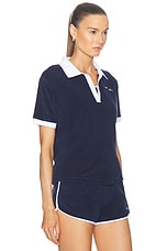 Sporty & Rich Italic Logo Terry Polo Top in Navy & White, view 2, click to view large image.