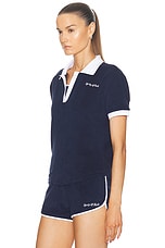 Sporty & Rich Italic Logo Terry Polo Top in Navy & White, view 3, click to view large image.