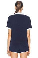 Sporty & Rich Italic Logo Terry Polo Top in Navy & White, view 4, click to view large image.