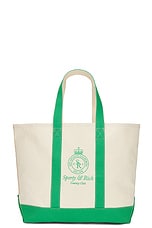 Sporty & Rich Crown Logo Embroidered Two Tone Tote Bag in Natural & Verde, view 1, click to view large image.