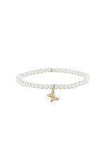 Sydney Evan Tiny Butterfly Charm Beaded Bracelet in White Pearl, view 1, click to view large image.