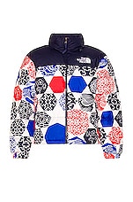 The North Face Printed 1996 Retro Nuptse Jacket in Blue IC Geo Print, view 1, click to view large image.
