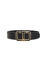 TOM FORD Shiny Grain Goat Enamel Scored T Belt in Black, view 3, click to view large image.