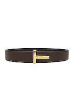 TOM FORD Small Grain Calf T Belt in Chocolate & Black, view 1, click to view large image.