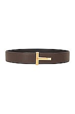 TOM FORD Small Grain Calf T Belt in Chocolate & Black, view 1, click to view large image.