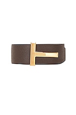 TOM FORD Small Grain Calf T Belt in Chocolate & Black, view 3, click to view large image.