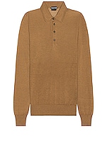 TOM FORD Piquet Long Sleeve Polo In Camel in Camel, view 1, click to view large image.