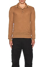 TOM FORD Piquet Long Sleeve Polo In Camel in Camel, view 3, click to view large image.