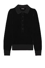 TOM FORD Velour Long Sleeve Polo in Black, view 1, click to view large image.