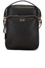 TOM FORD Soft Grain Leather Smooth Calf Leather Small Double Zip Messenger in Black, view 1, click to view large image.