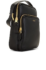 TOM FORD Soft Grain Leather Smooth Calf Leather Small Double Zip Messenger in Black, view 3, click to view large image.