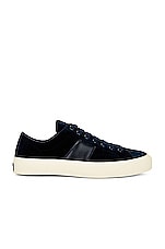 TOM FORD Stamped Croc Velvet Low Top Sneakers in Navy & Cream, view 1, click to view large image.