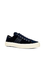 TOM FORD Stamped Croc Velvet Low Top Sneakers in Navy & Cream, view 2, click to view large image.