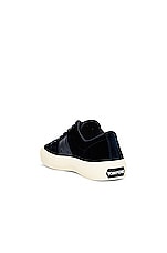 TOM FORD Stamped Croc Velvet Low Top Sneakers in Navy & Cream, view 3, click to view large image.