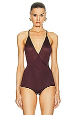 TOM FORD Plunge Neck Bodysuit in Burgundy, view 2, click to view large image.