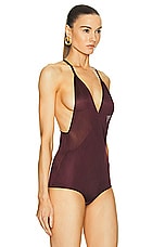 TOM FORD Plunge Neck Bodysuit in Burgundy, view 3, click to view large image.