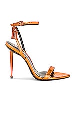 TOM FORD Metallic Stamped Croc Padlock Pointy Naked 105 Sandal in Clementine, view 1, click to view large image.