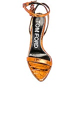 TOM FORD Metallic Stamped Croc Padlock Pointy Naked 105 Sandal in Clementine, view 4, click to view large image.