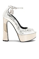 TOM FORD Metallic Stamped Croc Padlock Peep Toe 145 Pump in Silver, view 1, click to view large image.